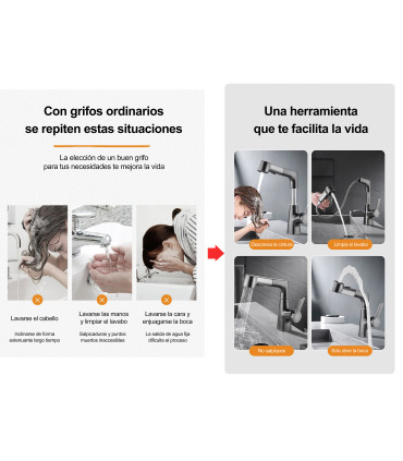 Grifo Lavabo Multifunción LH-226 | Cuerpo Cobre Macizo | Extraíble con Elevador | Mono mando | Dos modos de Salida de Agua