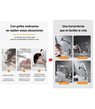 Rubinetto Lavandino Multifunzione LH-226 | Corpo Rame Massiccio | Estrabile con Elevatore | Monocomando | 2 Modos de Acqua