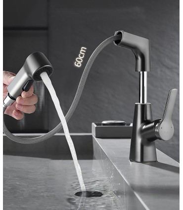 Robinet Lavabo Multifonction LH-226 | Corps Cuivre Massif | Tête Extractible avec Élévateur | Monocommande | 2 Modes d’Eau