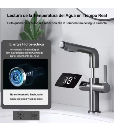 Grifo Lavabo Display Temperatura Dinamo SJ-231| Cuerpo Cobre | Cabezal Extraíble | Altura Ajustable para Lavar Cabezas