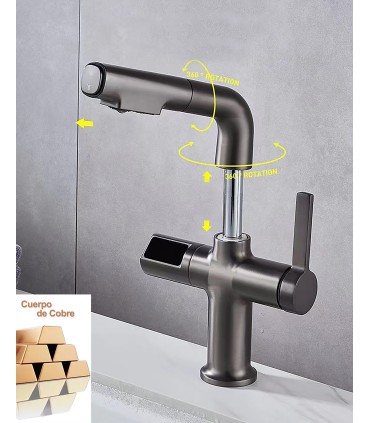 Robinet Lavabo SJ-231 Affichage Température Dynamo | Cuivre Massif | Extraible | Hauteur Réglable pour Lavage de Tête