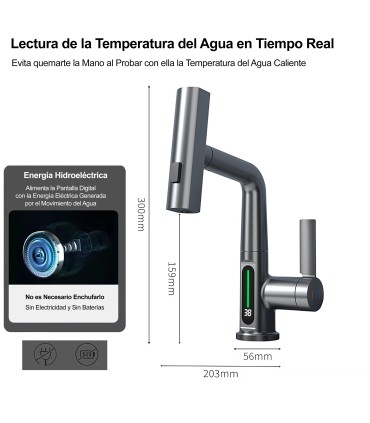 Robinet Lavabo Affichage Température LH-189 | Alliage | Extraible 3 modes | Hauteur réglable pour Lavage de Tête