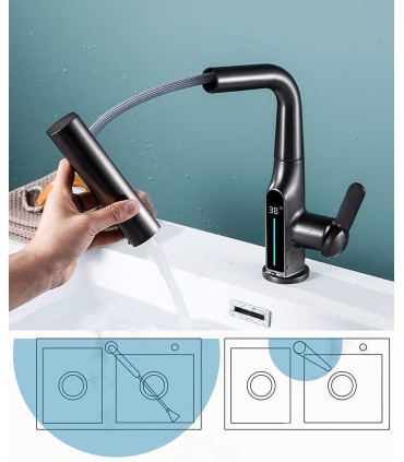 Grifo Lavabo Display LED Temperatura LH-189 | Cuerpo Aleación | Cabezal Extraíble 3 modos | Altura ajustable para Lavar Cabezas