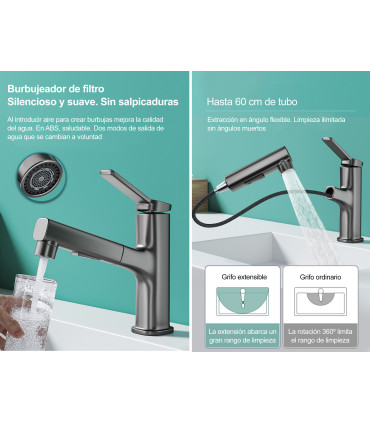 Grifo Lavabo Agua Vertical LH-178 | Cuerpo Cobre Macizo | Extraíble | Dos modos de Agua | Agua Vertical para Enjuague Dental