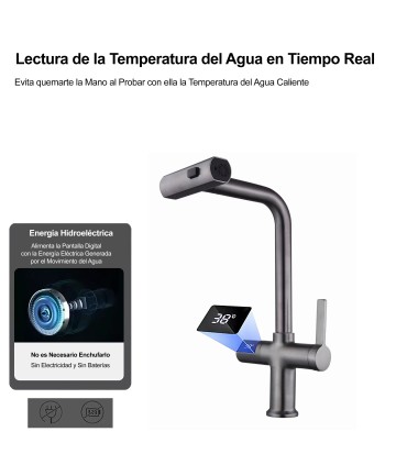 Torneira Cozinha Display LH-567 | Cobre Maciço | Termómetro | Extraível | 3 Modos Água