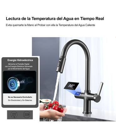 Grifo Cocina Display Temperatura LH-232 | Cuerpo Cobre Macizo | Cabezal Extraíble | Mono mando y Tres modos de Salida de Agua