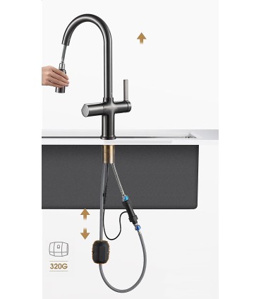 Robinet Cuisine Affichage Température LH-232 | Cuivre Massif | Extraible | Monocommande et 3 Modes Eau