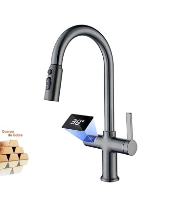 Keukenkraan Temperatuurdisplay LH-232 | Massief Koper | Uittrekbare | Enkelhandkraan en 3 Watermodi