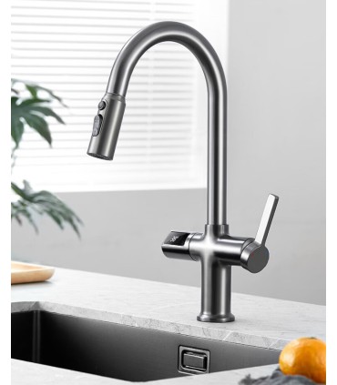 Kitchen Faucet Temperature Display LED LH-232 | Solid Copper | Pull-Out | Single Lever and 3 Water Modes