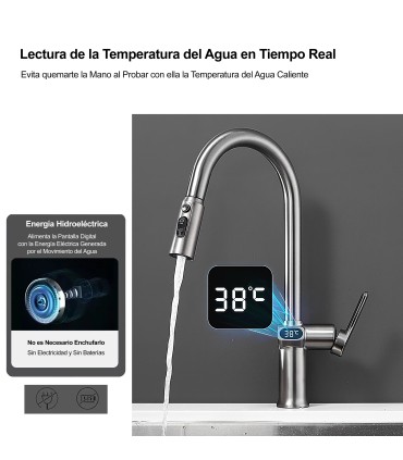 Kjøkkenkran Temperaturvisning LH-168 | Sinklegering | Uttagbar | 3 Vannmodus