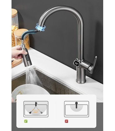 Rubinetto Cucina Display LED Temperatura LH-168 | Lega di Zinco | Estraibile | 3 Modi Acqua