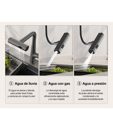 Grifo Cocina Lluvia LH-555 | Cuerpo de Cobre Macizo | Cabezal Extraíble 3 modos de agua