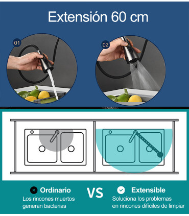 Torneira Cozinha Water No Limits LH-118 | Latão Antibacteriano | Cabeçal Extraível 3 Modos